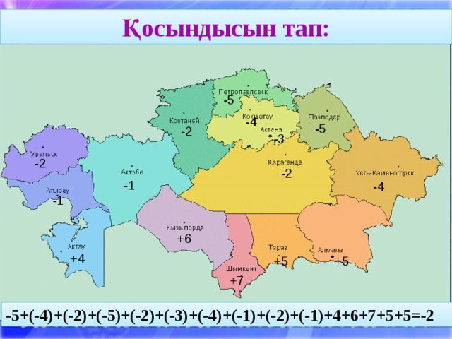 Қосындысын тап: -5 -4 -5 -2 -3 -2 -2 -1 -4 -1 +6 +4 +5 +5 +7 -5+(-4)+(-2)+(-5)+(-2)+(-3)+(-4)+(-1)+(-2)+(-1)+4+6+7+5+5=-2 