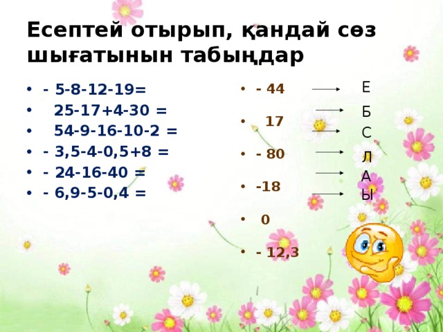 Есептей отырып, қандай сөз шығатынын табыңдар Е - 44  17 - 80 -18  0 - 12,3 - 5-8-12-19=  25-17+4-30 =  54-9-16-10-2 = - 3,5-4-0,5+8 = - 24-16-40 = - 6,9-5-0,4 = Б С Л А Ы 