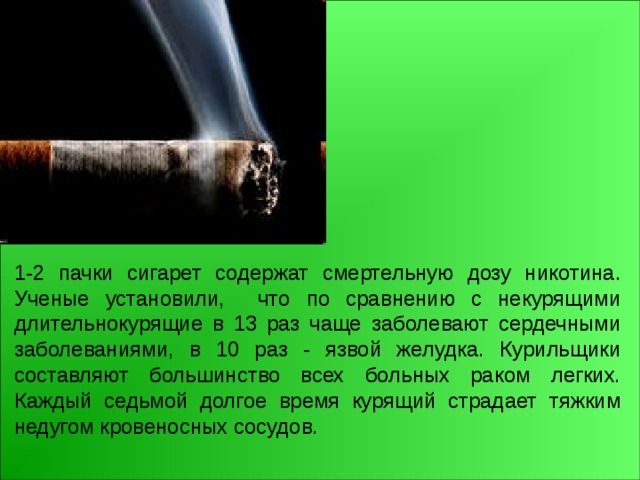 1-2 пачки сигарет содержат смертельную дозу никотина. Ученые установили, что по сравнению с некурящими длительнокурящие в 13 раз чаще заболевают сердечными заболеваниями, в 10 раз - язвой желудка. Курильщики составляют большинство всех больных раком легких. Каждый седьмой долгое время курящий страдает тяжким недугом кровеносных сосудов. 
