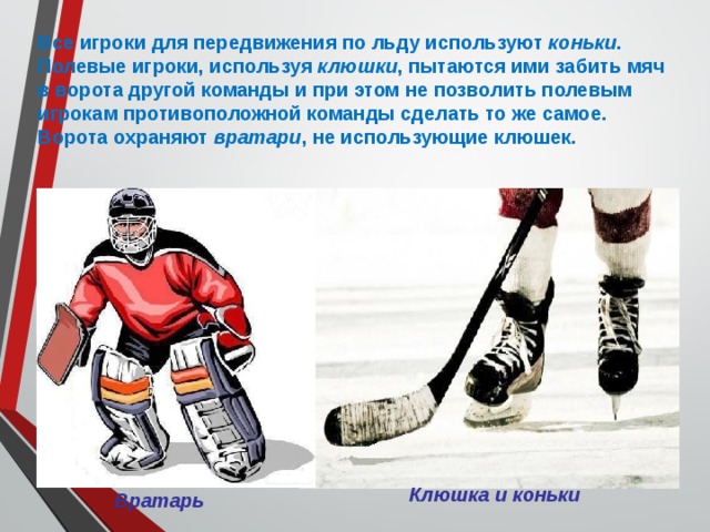 Все игроки для передвижения по льду используют коньки . Полевые игроки, используя клюшки , пытаются ими забить мяч в ворота другой команды и при этом не позволить полевым игрокам противоположной команды сделать то же самое. Ворота охраняют вратари , не использующие клюшек. Клюшка и коньки Вратарь 