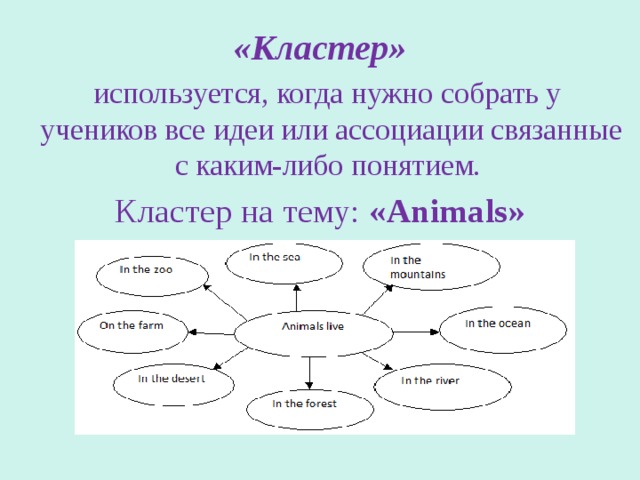 «Кластер»  используется, когда нужно собрать у учеников все идеи или ассоциации связанные с каким-либо понятием. Кластер на тему: «Animals» 