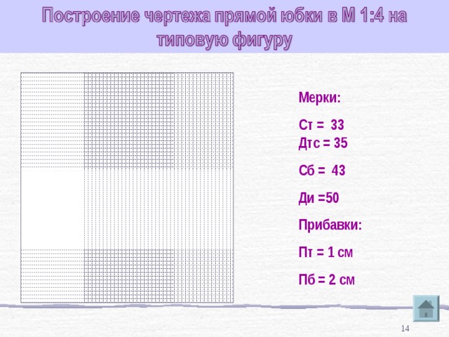 Мерки: Ст = 33 Дтс = 35 Сб = 43 Ди =50 Прибавки: Пт = 1 см Пб = 2 см  