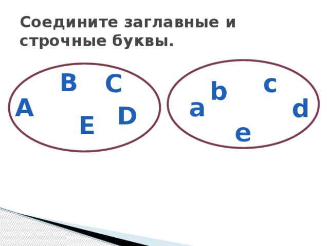 Соедините заглавные и строчные буквы. B C c b A a d D E e 