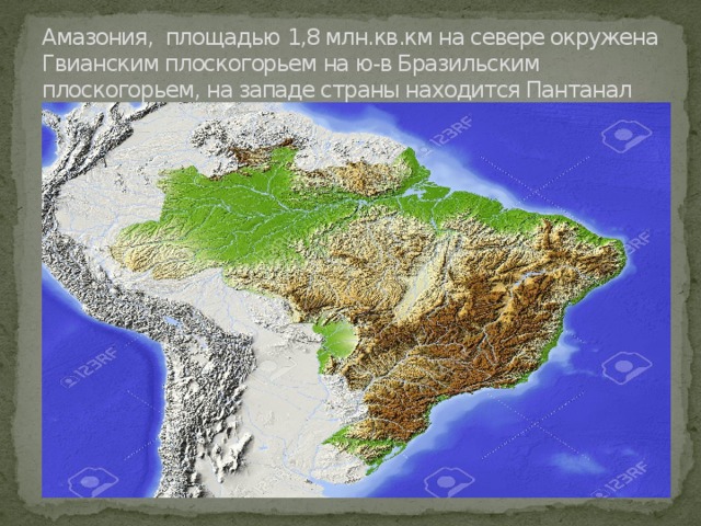 Амазония, площадью 1,8 млн.кв.км на севере окружена Гвианским плоскогорьем на ю-в Бразильским плоскогорьем, на западе страны находится Пантанал 
