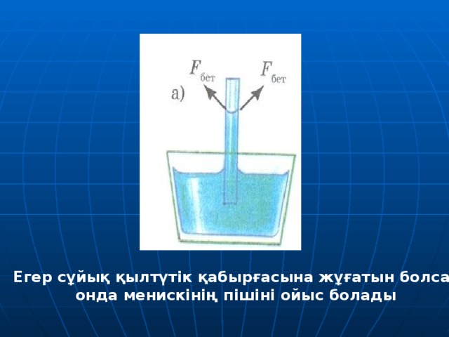 Егер сұйық қылтүтік қабырғасына жұғатын болса , онда менискінің пішіні ойыс болады 