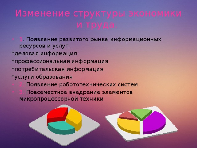 Изменение структуры экономики и труда. 1 . Появление развитого рынка информационных ресурсов и услуг: *деловая информация *профессиональная информация *потребительская информация *услуги образования 2. Появление робототехнических систем 3. Повсеместное внедрение элементов микропроцессорной техники  