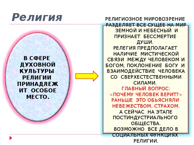 Религия РЕЛИГИОЗНОЕ МИРОВОЗРЕНИЕ РАЗДЕЛЯЕТ ВСЕ СУЩЕЕ НА МИР ЗЕМНОЙ И НЕБЕСНЫЙ И ПРИЗНАЕТ БЕССМЕРТИЕ ДУШИ. РЕЛЕГИЯ ПРЕДПОЛАГАЕТ НАЛИЧИЕ МИСТИЧЕСКОЙ СВЯЗИ МЕЖДУ ЧЕЛОВЕКОМ И БОГОМ, ПОКЛОНЕНИЕ БОГУ И ВЗАИМОДЕЙСТВИЕ ЧЕЛОВЕКА СО СВЕРХЕСТЕСТВЕННЫМИ СИЛАМИ. ГЛАВНЫЙ ВОПРОС:  «ПОЧЕМУ ЧЕЛОВЕК ВЕРИТ?» РАНЬШЕ ЭТО ОБЬЯСНЯЛИ НЕВЕЖЕСТВОМ, СТРАХОМ. А СЕЙЧАС НА ЭТАПЕ ПОСТИНДУСТРИАЛЬНОГО ОБЩЕСТВА. ВОЗМОЖНО ВСЕ ДЕЛО В СОЦИАЛЬНЫХ ФУНКЦИЯХ РЕЛИГИИ. В СФЕРЕ ДУХОВНОЙ КУЛЬТУРЫ РЕЛИГИИ ПРИНАДЛЕЖИТ ОСОБОЕ МЕСТО. 