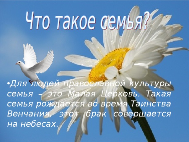 Для людей православной культуры семья – это Малая Церковь. Такая семья рождается во время Таинства Венчания, этот брак совершается на небесах. 
