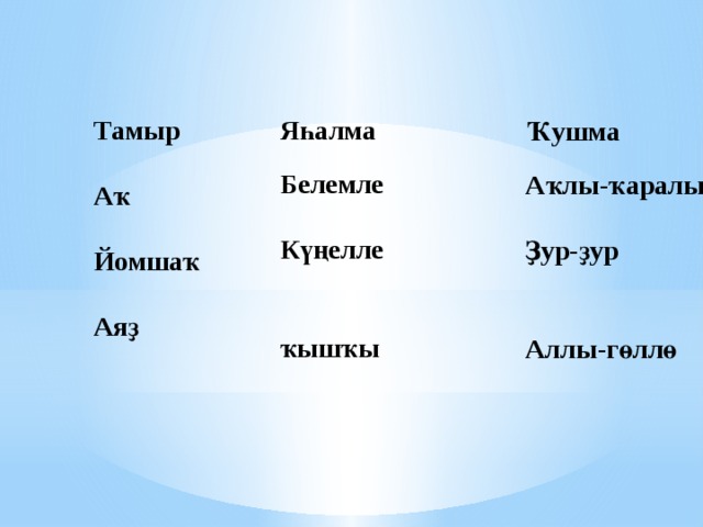 Тамыр Яһалма   Аҡ Белемле   Йомшаҡ Күңелле   Аяҙ  ҡышҡы  Ҡушма  Аҡлы-ҡаралы  Ҙур-ҙур   Аллы-гөллө 