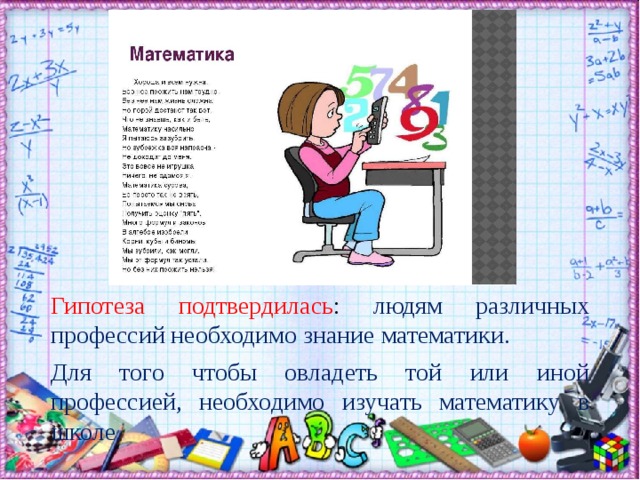 Гипотеза подтвердилась : людям различных профессий необходимо знание математики. Для того чтобы овладеть той или иной профессией, необходимо изучать математику в школе.