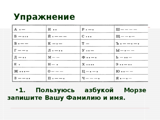Упражнение 1. Пользуюсь азбукой Морзе запишите Вашу Фамилию и имя. 