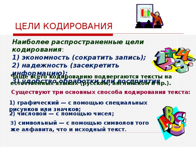 ЦЕЛИ КОДИРОВАНИЯ Наиболее распространенные цели кодирования : 1) экономность (сократить запись); 2) надежность (засекретить информацию); 3) удобство обработки или восприятия . Чаще всего кодированию подвергаются тексты на естественных языках (русском, английском и пр.). Существуют три основных способа кодирования текста: 1) графический — с помощью специальных рисунков или значков;  2) числовой — с помощью чисел; 3 ) символьный — с помощью символов того же алфавита, что и исходный текст .  6 