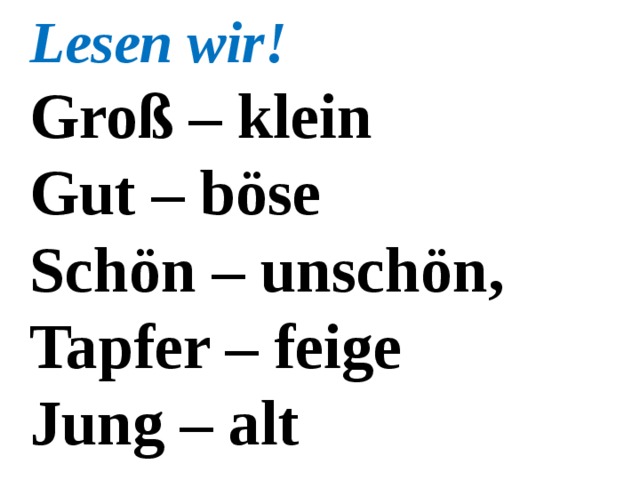 Lesen wir! Groß – klein Gut – böse Schön – unschön, Tapfer – feige Jung – alt 