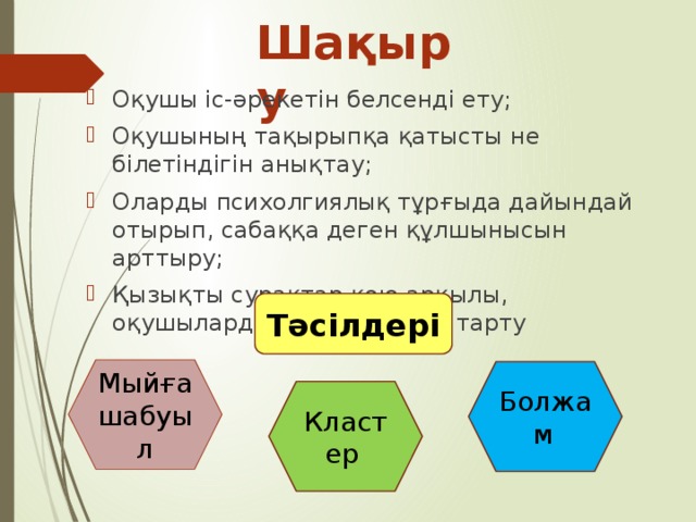 Шақыру Оқушы іс-әрекетін белсенді ету; Оқушының тақырыпқа қатысты не білетіндігін анықтау; Оларды психолгиялық тұрғыда дайындай отырып, сабаққа деген құлшынысын арттыру; Қызықты сурақтар қою арқылы, оқушыларды жаңа сабаққа тарту Тәсілдері Мыйға шабуыл Болжам  Кластер 