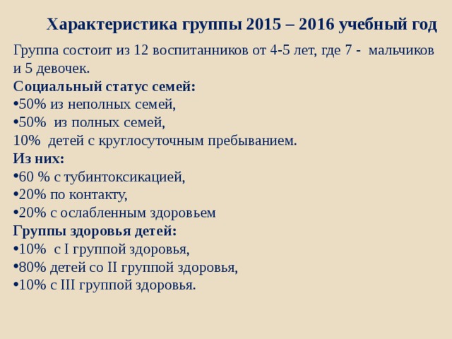 Характеристика группы 2015 – 2016 учебный год Группа состоит из 12 воспитанников от 4-5 лет, где 7 - мальчиков и 5 девочек. Социальный статус семей: 50% из неполных семей, 50% из полных семей, 10% детей с круглосуточным пребыванием. Из них: 60 % с тубинтоксикацией, 20% по контакту, 20% с ослабленным здоровьем Группы здоровья детей: 10% с I группой здоровья, 80% детей со II группой здоровья, 10% с III группой здоровья. 