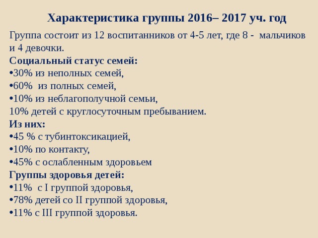 Характеристика группы 2016– 2017 уч. год  Группа состоит из 12 воспитанников от 4-5 лет, где 8 - мальчиков и 4 девочки. Социальный статус семей: 30% из неполных семей, 60% из полных семей, 10% из неблагополучной семьи, 10% детей с круглосуточным пребыванием. Из них: 45 % с тубинтоксикацией, 10% по контакту, 45% с ослабленным здоровьем Группы здоровья детей: 11% с I группой здоровья, 78% детей со II группой здоровья, 11% с III группой здоровья. 