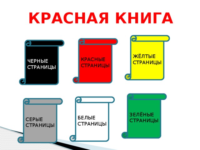 КРАСНАЯ КНИГА ЖЁЛТЫЕ СТРАНИЦЫ КРАСНЫЕ СТРАНИЦЫ ЧЕРНЫЕ СТРАНИЦЫ ЗЕЛЁНЫЕ СТРАНИЦЫ БЕЛЫЕ СТРАНИЦЫ СЕРЫЕ СТРАНИЦЫ 