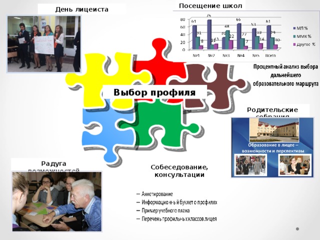 Посещение школ День лицеиста Выбор профиля Родительские собрания Радуга возможностей Собеседование, консультации 