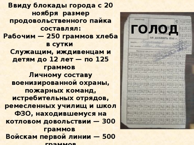 Ввиду блокады города с 20 ноября размер продовольственного пайка составлял: Рабочим — 250 граммов хлеба в сутки Служащим, иждивенцам и детям до 12 лет — по 125 граммов Личному составу военизированной охраны, пожарных команд, истребительных отрядов, ремесленных училищ и школ ФЗО, находившемуся на котловом довольствии — 300 граммов Войскам первой линии — 500 граммов При этом до 50 % хлеба составляли примеси, и он был почти несъедобным. Все остальные продукты почти перестали выдаваться . ГОЛОД 39 39 