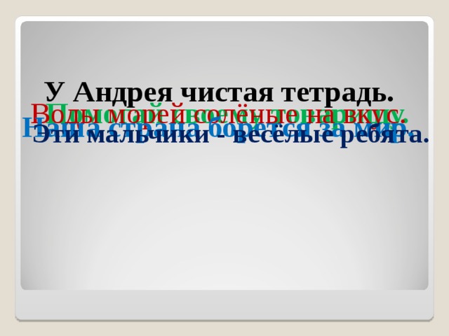 У Андрея чистая тетрадь. Помогай своему товарищу. Воды морей солёные на вкус. Наша страна борется за мир. Эти мальчики - весёлые ребята. 
