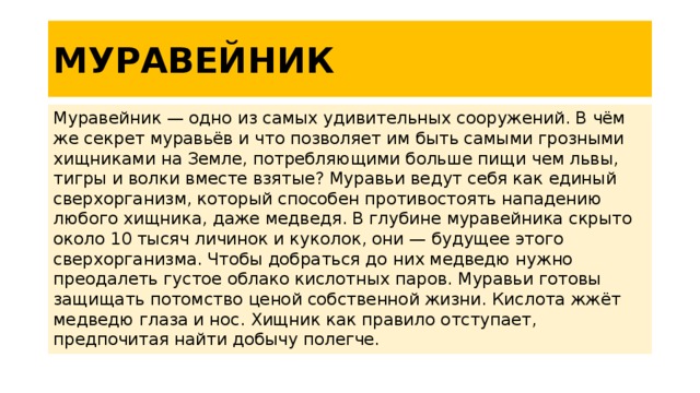 МУРАВЕЙНИК Муравейник — одно из самых удивительных сооружений. В чём же секрет муравьёв и что позволяет им быть самыми грозными хищниками на Земле, потребляющими больше пищи чем львы, тигры и волки вместе взятые? Муравьи ведут себя как единый сверхорганизм, который способен противостоять нападению любого хищника, даже медведя. В глубине муравейника скрыто около 10 тысяч личинок и куколок, они — будущее этого сверхорганизма. Чтобы добраться до них медведю нужно преодалеть густое облако кислотных паров. Муравьи готовы защищать потомство ценой собственной жизни. Кислота жжёт медведю глаза и нос. Хищник как правило отступает, предпочитая найти добычу полегче. 