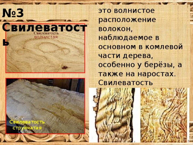 № 3 Свилеватость это волнистое расположение волокон, наблюдаемое в основном в комлевой части дерева, особенно у берёзы, а также на наростах. Свилеватость придаёт красоту древесине, но затрудняет её обработку. волнистая Свилеватость струйчатая 