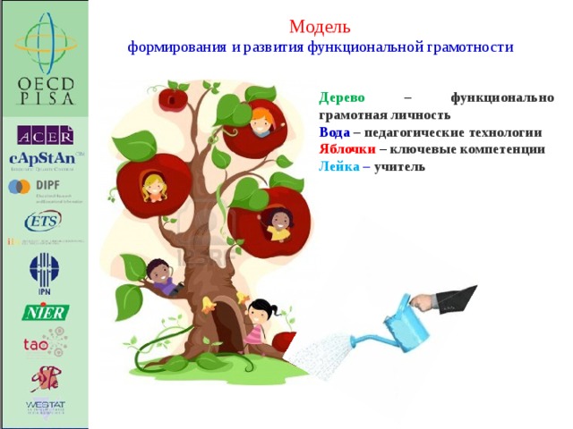 Модель  формирования и развития функциональной грамотности Дерево – функционально грамотная личность Вода – педагогические технологии Яблочки – ключевые компетенции Лейка –  учитель   
