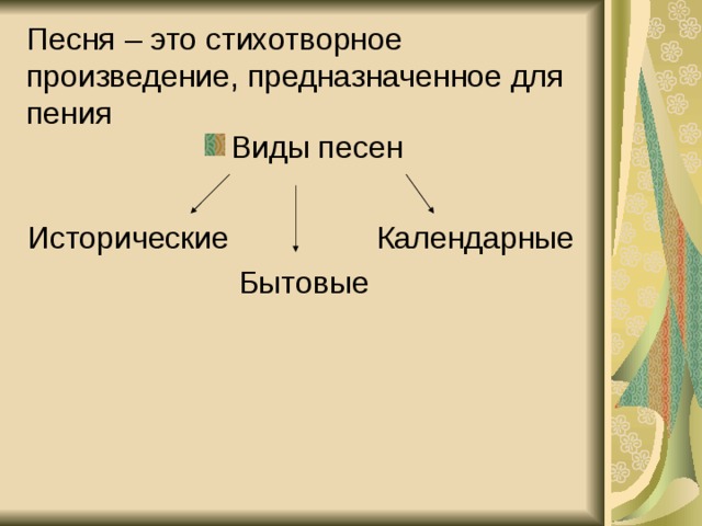Песня – это стихотворное произведение, предназначенное для пения Виды песен Исторические Календарные Бытовые 