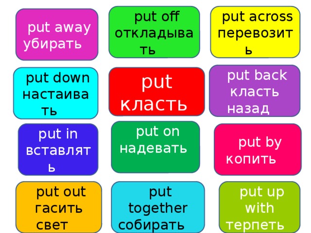  put across  put off перевозить  откладывать  put away убирать  put back класть назад put  put down настаивать класть  put on надевать  put in  put by вставлять копить  put up with  put out  put together терпеть гасить свет собирать 