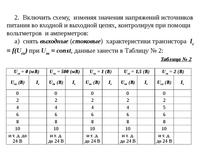 2. Включить схему, изменяя значения напряжений источников питания во входной и выходной цепях, контролируя при помощи вольтметров и амперметров: а) снять выходные ( стоковые ) характеристики транзистора I с = f( U си ) при U зи = const , данные занести в Таблицу № 2: Таблица № 2 U зи = 0 (мВ) U си (В) 0 U зи = 500 (мВ) I с U си (В) 2 U зи = 1 (В) 0 4 I с U си (В) 6 2 8 0 4 I с U зи = 1,5 (В) 10 U си (В) 2 6 8 и т. д. до 24 В 4 0 I с U зи = 2 (В) U си (В) 6 2 10 8 0 4 I с и т. д. до 24 В 6 10 2 8 5 и т. д. до 24 В 6 10 8 и т. д. до 24 В 10 и т. д. до 24 В 