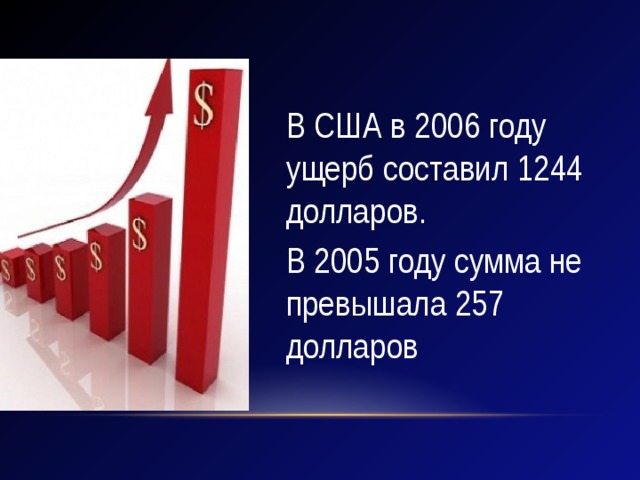 В США в 2006 году ущерб составил 1244 долларов. В 2005 году сумма не превышала 257 долларов 