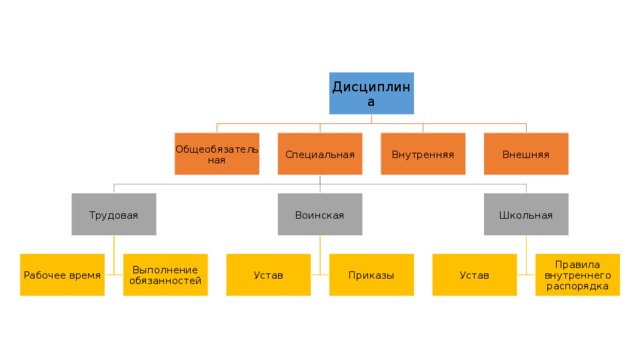 Дисциплина Внешняя Общеобязательная Внутренняя Специальная Школьная Воинская Трудовая Рабочее время Выполнение обязанностей Устав Приказы Устав Правила внутреннего распорядка 