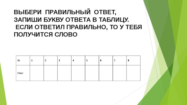 ВЫБЕРИ ПРАВИЛЬНЫЙ ОТВЕТ, ЗАПИШИ БУКВУ ОТВЕТА В ТАБЛИЦУ.  ЕСЛИ ОТВЕТИЛ ПРАВИЛЬНО, ТО У ТЕБЯ ПОЛУЧИТСЯ СЛОВО № Ответ 1 2 3 4 5 6 7 8 