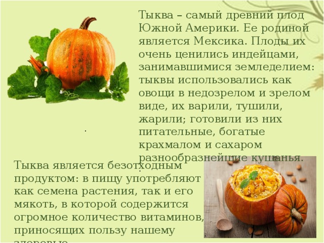 Тыква – самый древний плод Южной Америки. Ее родиной является Мексика. Плоды их очень ценились индейцами, занимавшимися земледелием: тыквы использовались как овощи в недозрелом и зрелом виде, их варили, тушили, жарили; готовили из них питательные, богатые крахмалом и сахаром разнообразнейшие кушанья. . . Тыква является безотходным продуктом: в пищу употребляют как семена растения, так и его мякоть, в которой содержится огромное количество витаминов, приносящих пользу нашему здоровью. 
