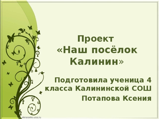 Проект  «Наш посёлок Калинин » Подготовила ученица 4 класса Калининской СОШ Потапова Ксения 