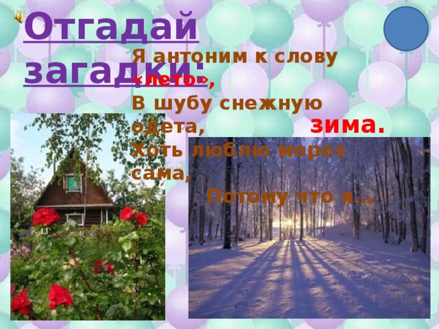 Отгадай загадки: Я антоним к слову «лето», В шубу снежную одета, Хоть люблю мороз сама,  Потому что я… зима. 