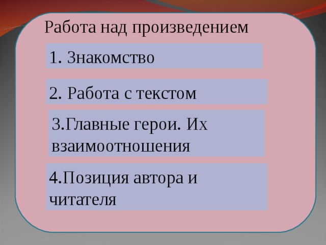 Работа над произведением 1. Знакомство 2. Работа с текстом 3.Главные герои. Их взаимоотношения 4.Позиция автора и читателя  