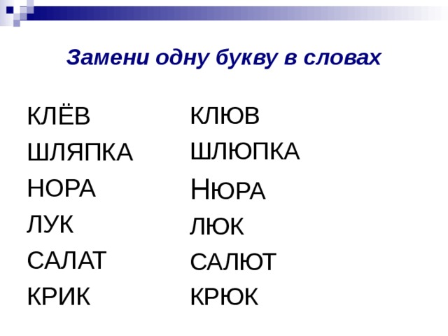 Замени одну букву в словах КЛЁВ ШЛЯПКА НОРА ЛУК САЛАТ КРИК КЛЮВ ШЛЮПКА Н ЮРА ЛЮК САЛЮТ КРЮК 
