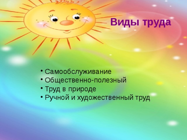 Виды труда Самообслуживание Общественно-полезный Труд в природе Ручной и художественный труд 