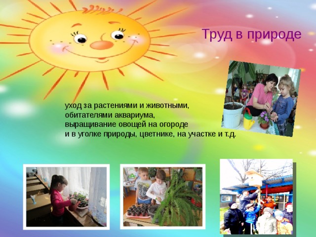 Труд в природе уход за растениями и животными, обитателями аквариума, выращивание овощей на огороде и в уголке природы, цветнике, на участке и т.д. 