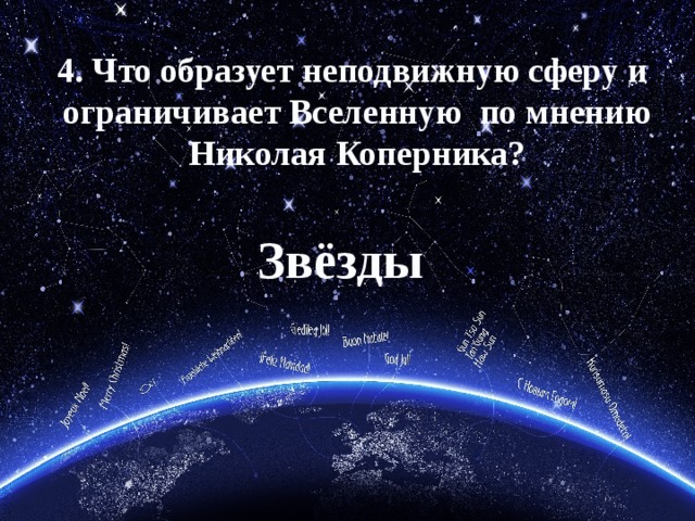 4. Что образует неподвижную сферу и  ограничивает Вселенную по мнению  Николая Коперника? Звёзды 