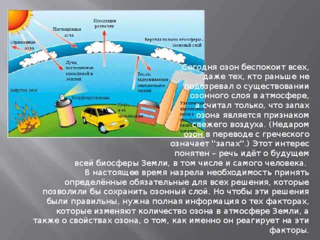 Сегодня озон беспокоит всех,  даже тех, кто раньше не  подозревал о существовании  озонного слоя в атмосфере,  а считал только, что запах  озона является признаком  свежего воздуха. (Недаром  озон в переводе с греческого  означает ''запах''.) Этот интерес  понятен – речь идёт о будущем  всей биосферы Земли, в том числе и самого человека. В настоящее время назрела необходимость принять определённые обязательные для всех решения, которые позволили бы сохранить озонный слой. Но чтобы эти решения были правильны, нужна полная информация о тех факторах, которые изменяют количество озона в атмосфере Земли, а также о свойствах озона, о том, как именно он реагирует на эти факторы. 