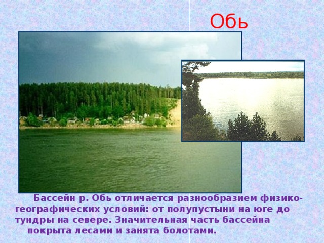  Обь  Бассейн р. Обь отличается разнообразием физико- географических условий: от полупустыни на юге до тундры на севере. Значительная часть бассейна  покрыта лесами и занята болотами. 