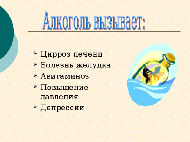 Цирроз печени Болезнь желудка Авитаминоз Повышение давления Депрессии 