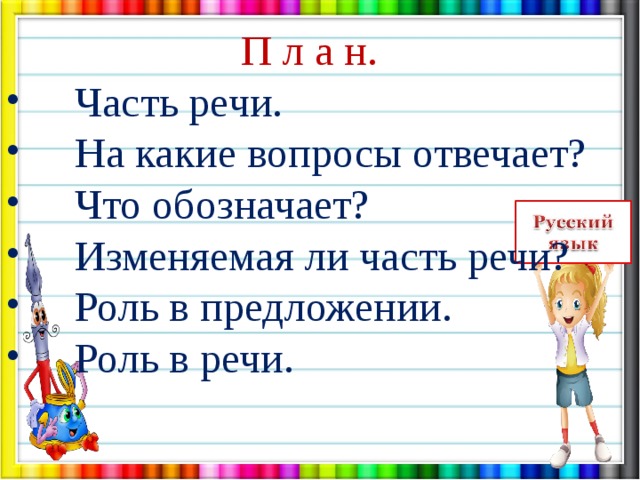  П л а н.  Часть речи.  На какие вопросы отвечает?  Что обозначает?  Изменяемая ли часть речи?  Роль в предложении.  Роль в речи.  