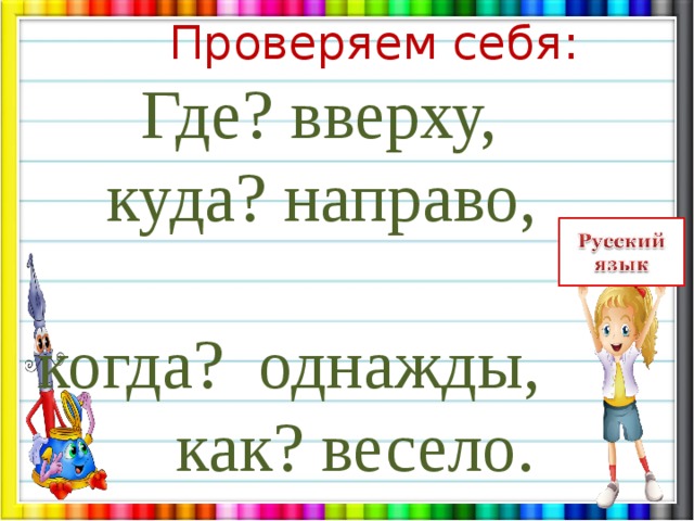  Проверяем себя:  Где? вверху,  куда? направо,  когда? однажды,  как? весело. 