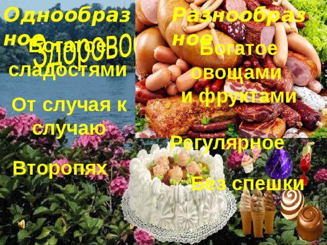 Однообразное Разнообразное Богатое сладостями Богатое овощами и фруктами От случая к случаю Регулярное  Второпях Без спешки 