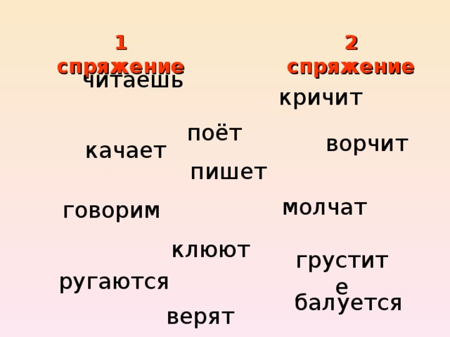 1 спряжение 2 спряжение читаешь кричит поёт ворчит качает пишет молчат говорим клюют грустите ругаются балуется верят 