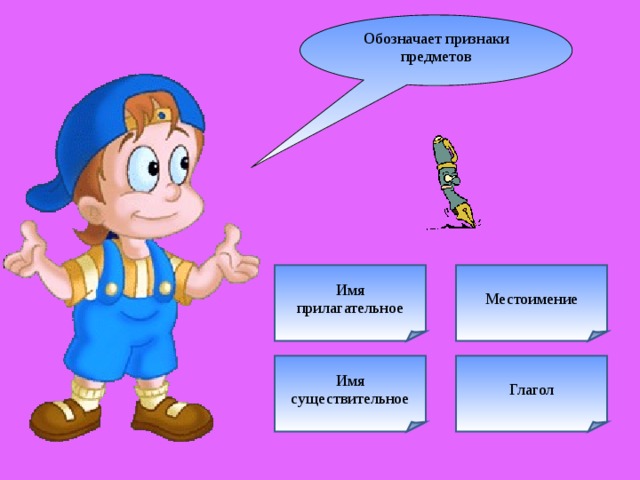 Обозначает признаки предметов Местоимение Имя прилагательное Глагол Имя существительное 