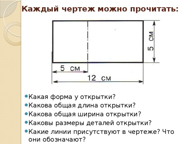 Каждый чертеж можно прочитать: Какая форма у открытки? Какова общая длина открытки? Какова общая ширина открытки? Каковы размеры деталей открытки? Какие линии присутствуют в чертеже? Что они обозначают? 